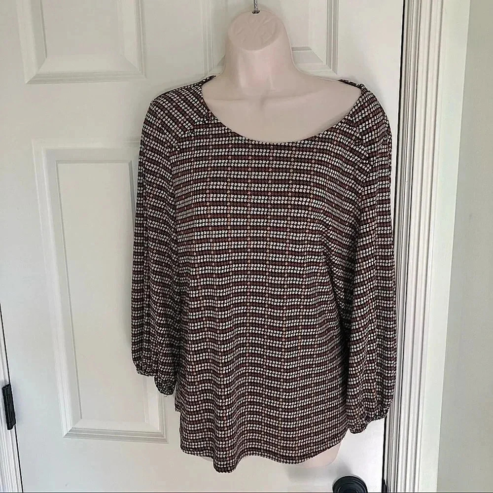 𝅺Adrianna Papell brown/yellow long‎ sleeve blouse L